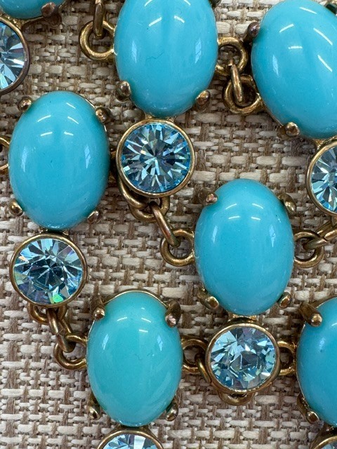 Blue Cabochon & Rhinestone Bib Statement Necklace Gold Tone Adjustable