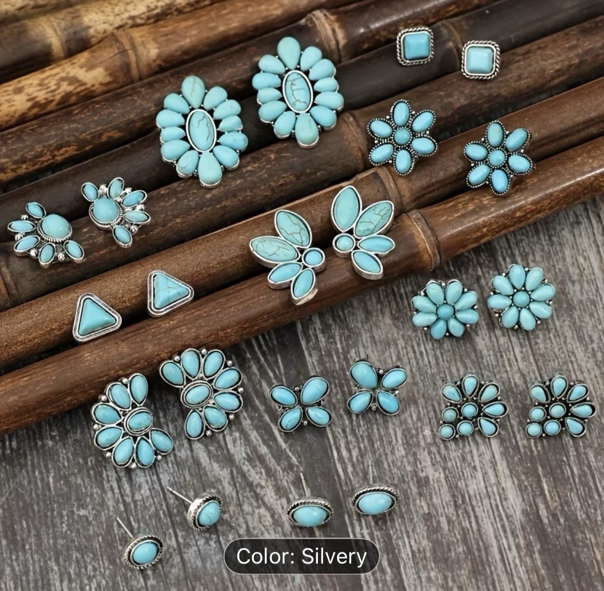 12 PAIRS Silvertone Turquoise Earrings Jewelry Western Boho Set Gift STUD