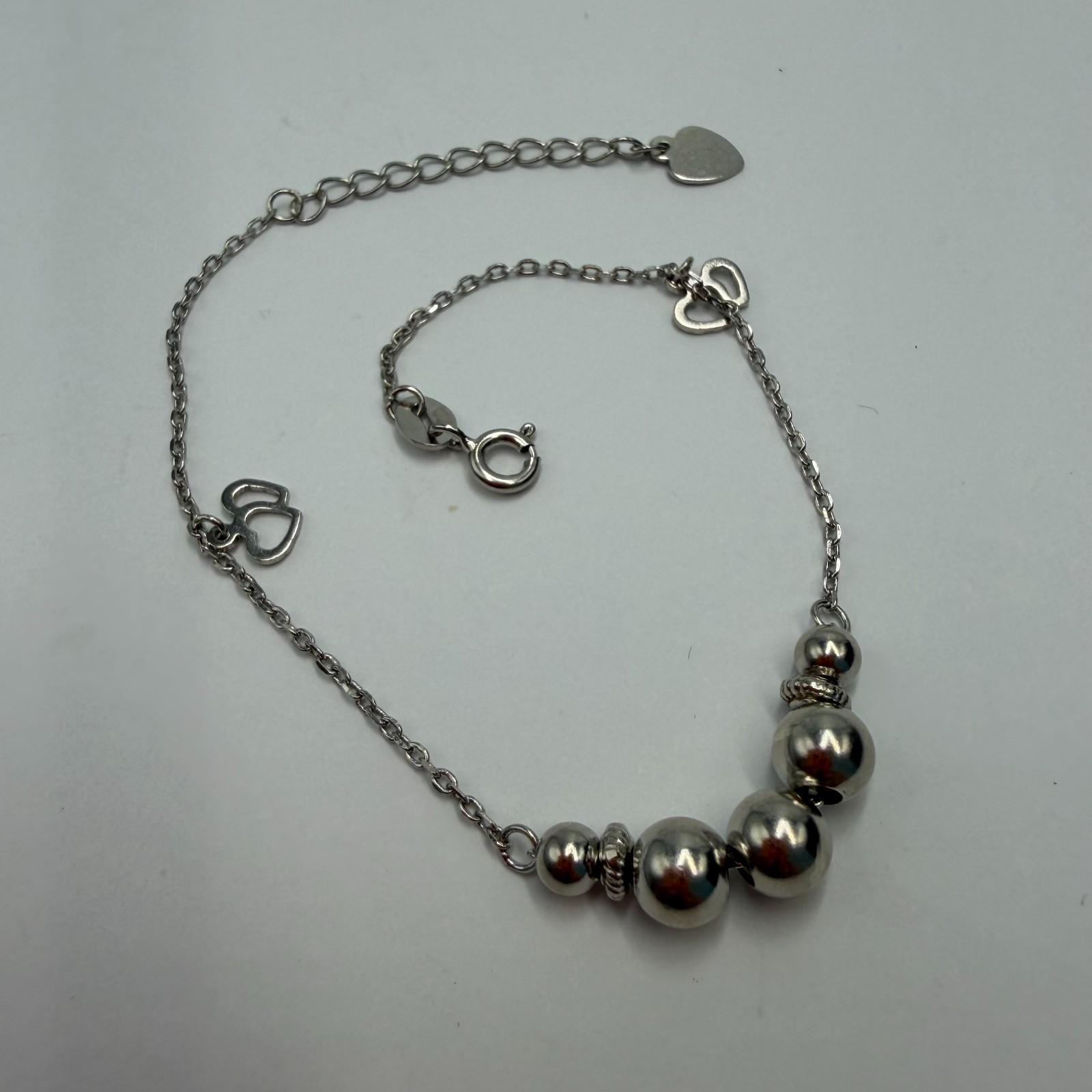 Sterling Silver Graduated Bead Heart Bracelet Adjustable Chain Link Women Gift