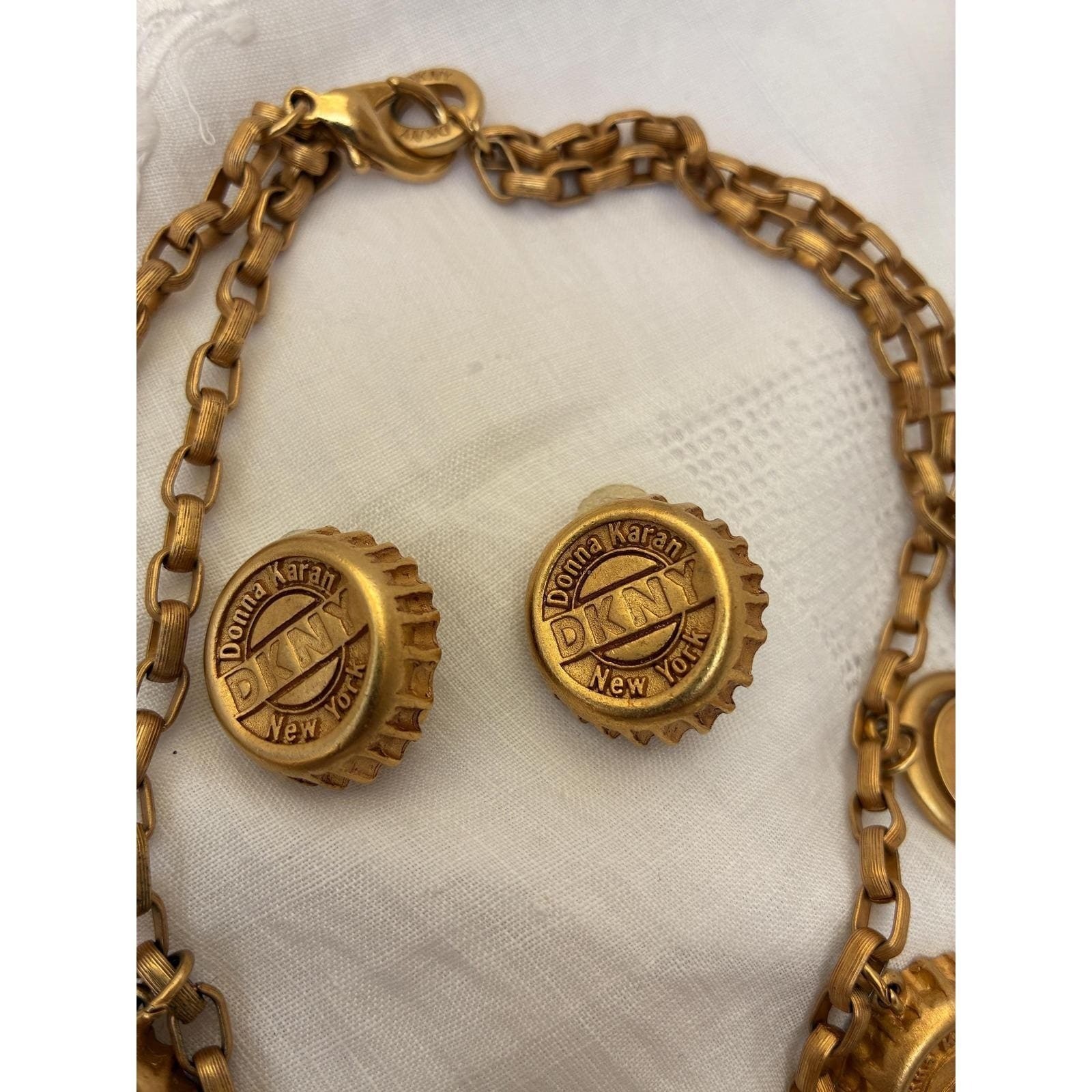 Vintage DKNY Donna Karan Bottle Cap Double Strand Necklace & Clip-On Earrings