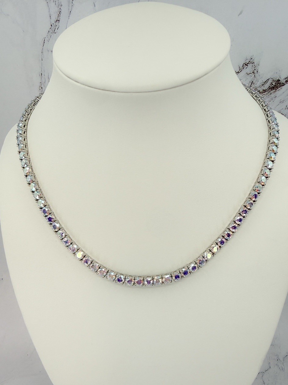 Diamonique 925 Sterling Silver Aurora Borealis CZ Tennis Necklace 16″ 29g⁠ RARE