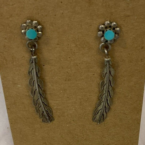 Used Silver Tone Feather Post Dangle With Faux Turquoise Stone Earrings