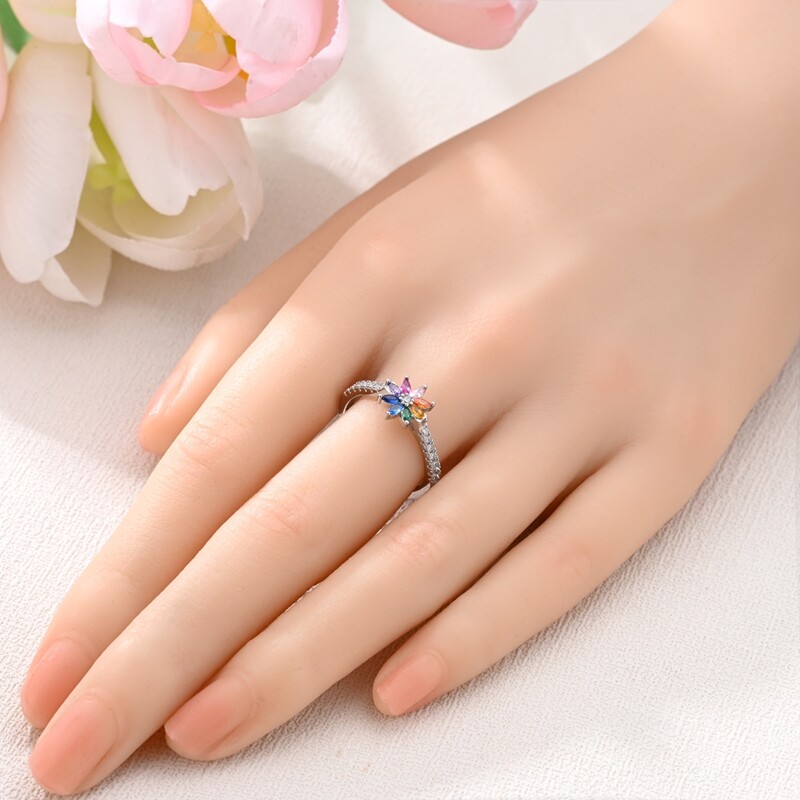 MULA 925 Sterling Silver Hope Rainbow Flowers CZ Finger Ring For Women Jewelry