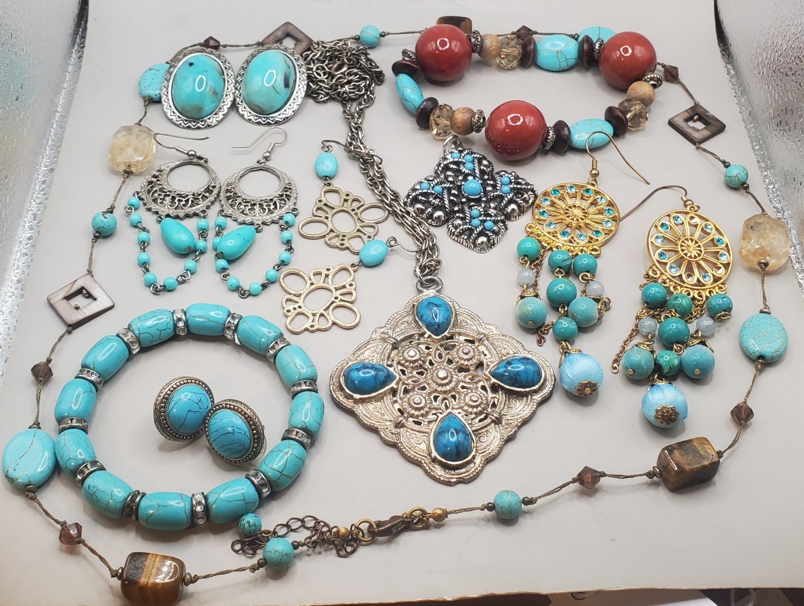 10Pc Southwest Style Faux Turquoise Lot: Premier Designs Necklace, Avon pendant+