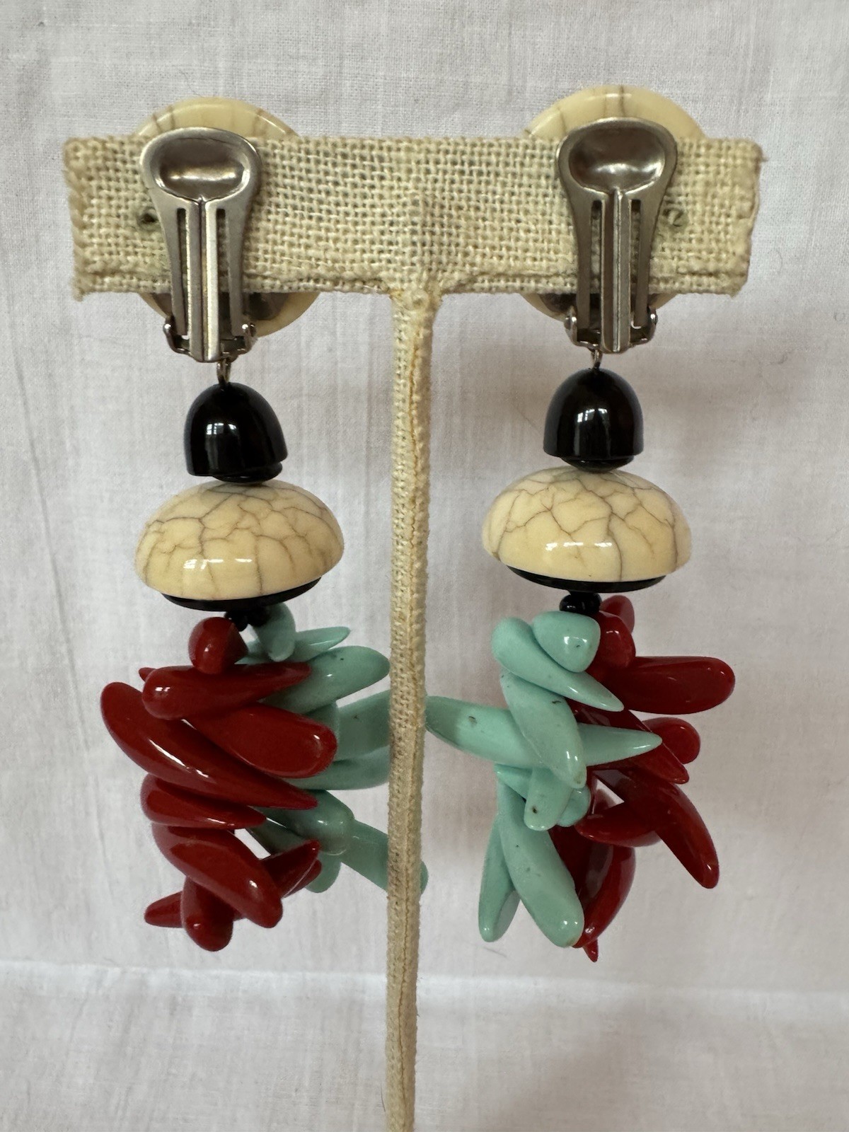 Angela Caputi long earrings ivory black dark red turquoise beads clip Italy