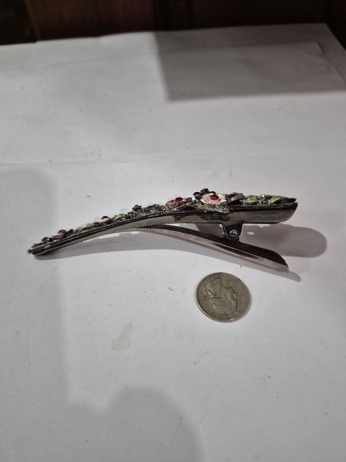 Vintage Floral Butterfly Alligator Style Silver 5″ Hair Clip DRS3