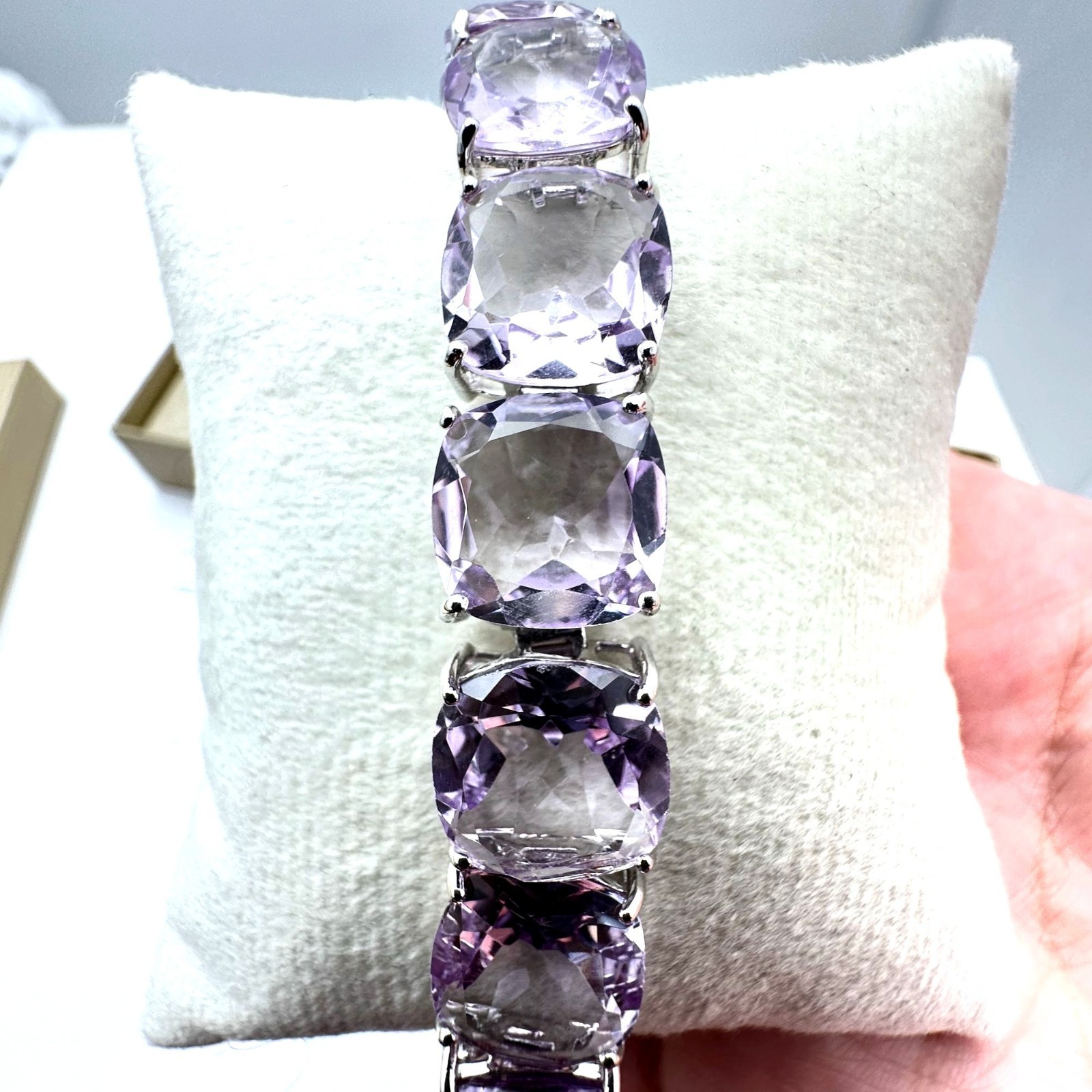 Brazilian Orchid Amethyst Sterling Silver Bracelet 82 Carats Cushion Cut 6.5″
