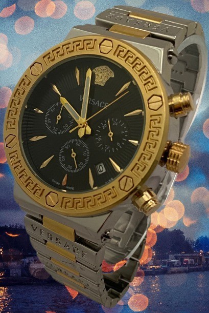 Beautiful Two-Gold Tone Versace Greca Chronograph/Date Refurbished Quartz Watch