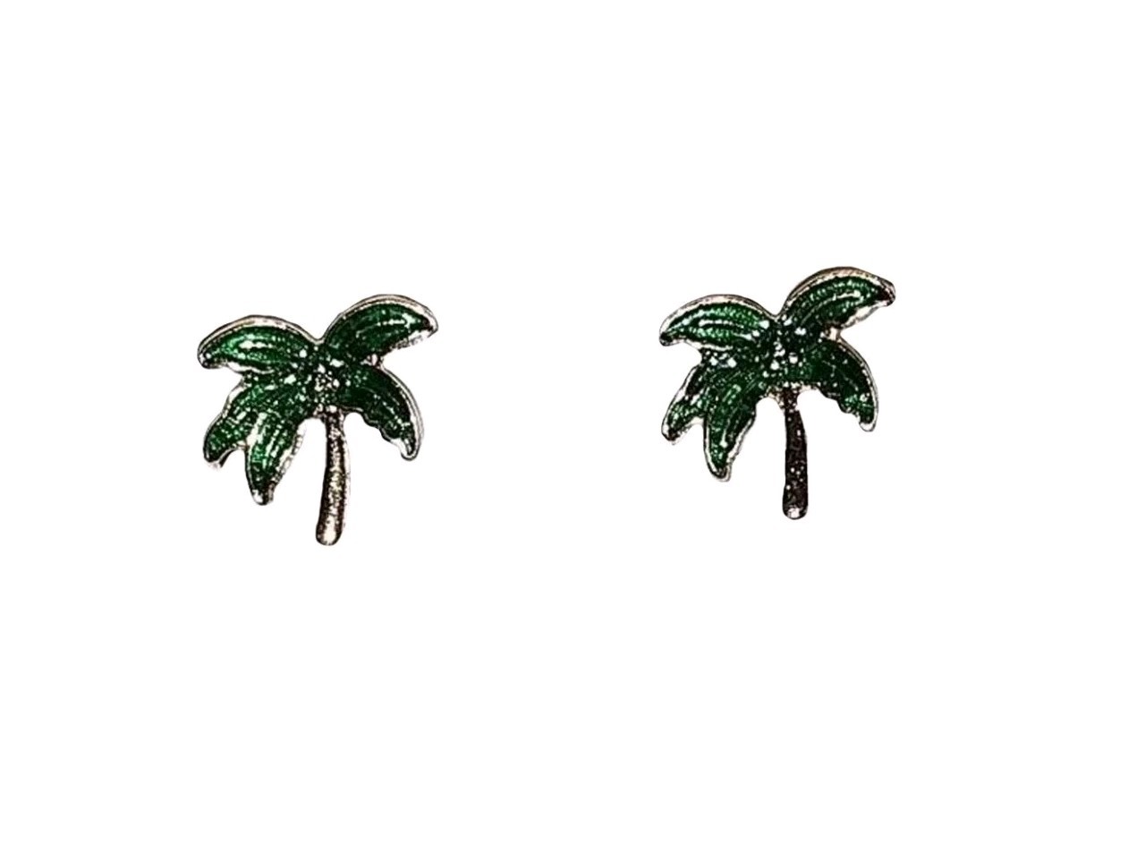Tropical Plant Vivid Green Leaf Palm Tree Trunk Gold Tone Stud Earrings