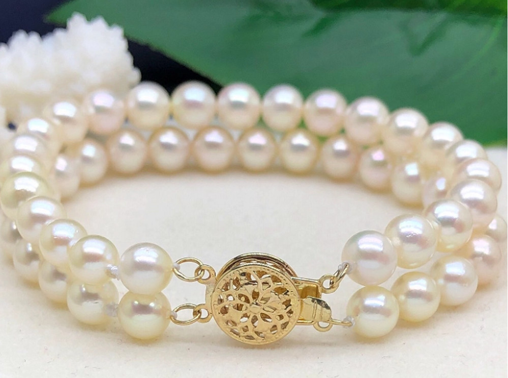 2 Row real Natural AAA+ White Akoya round Pearl Bracelet 7.5-8″ 14k Gold Clasp