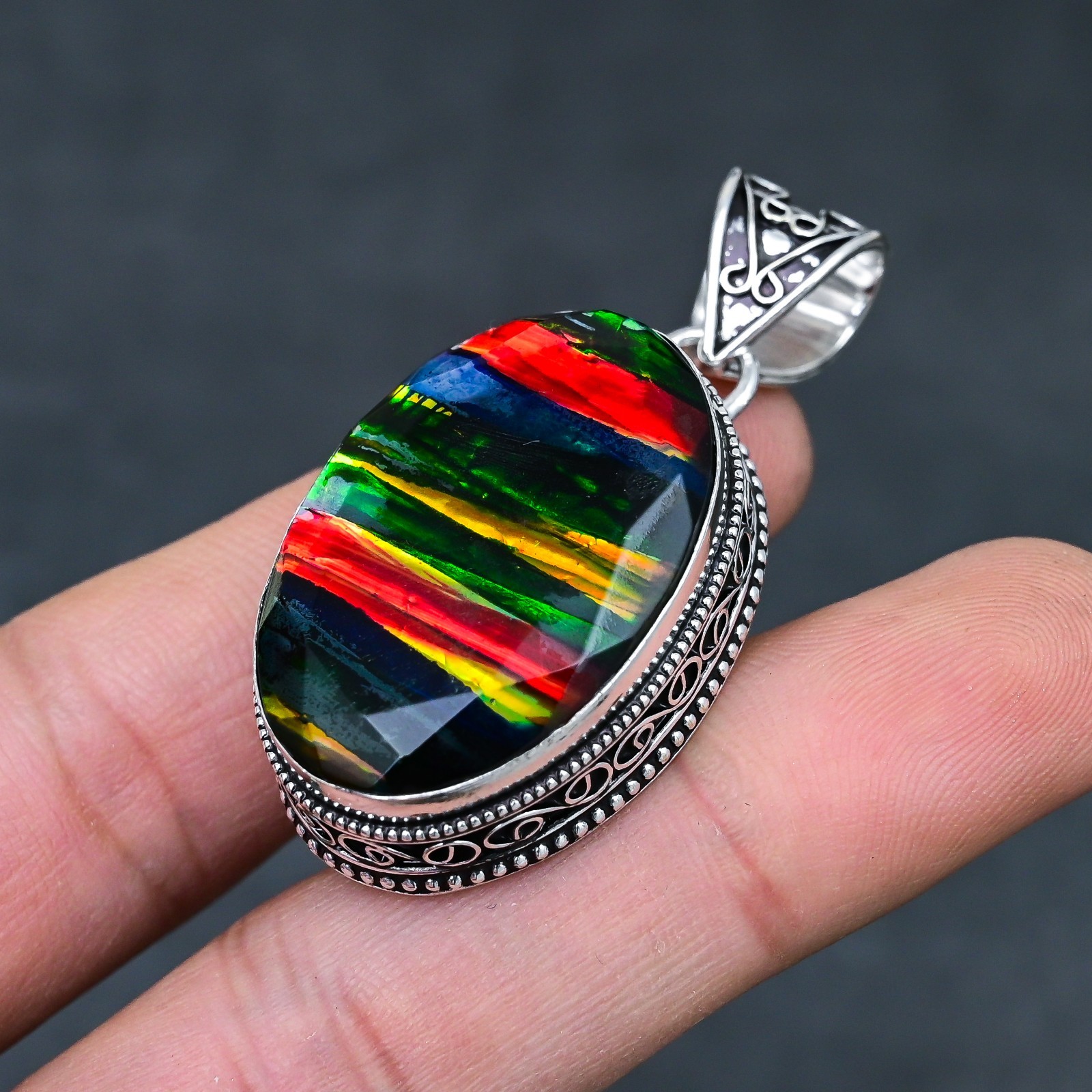 Ammolite Opal Gemstone 925 Sterling Silver Pendant Handmade Jewelry Gift For
