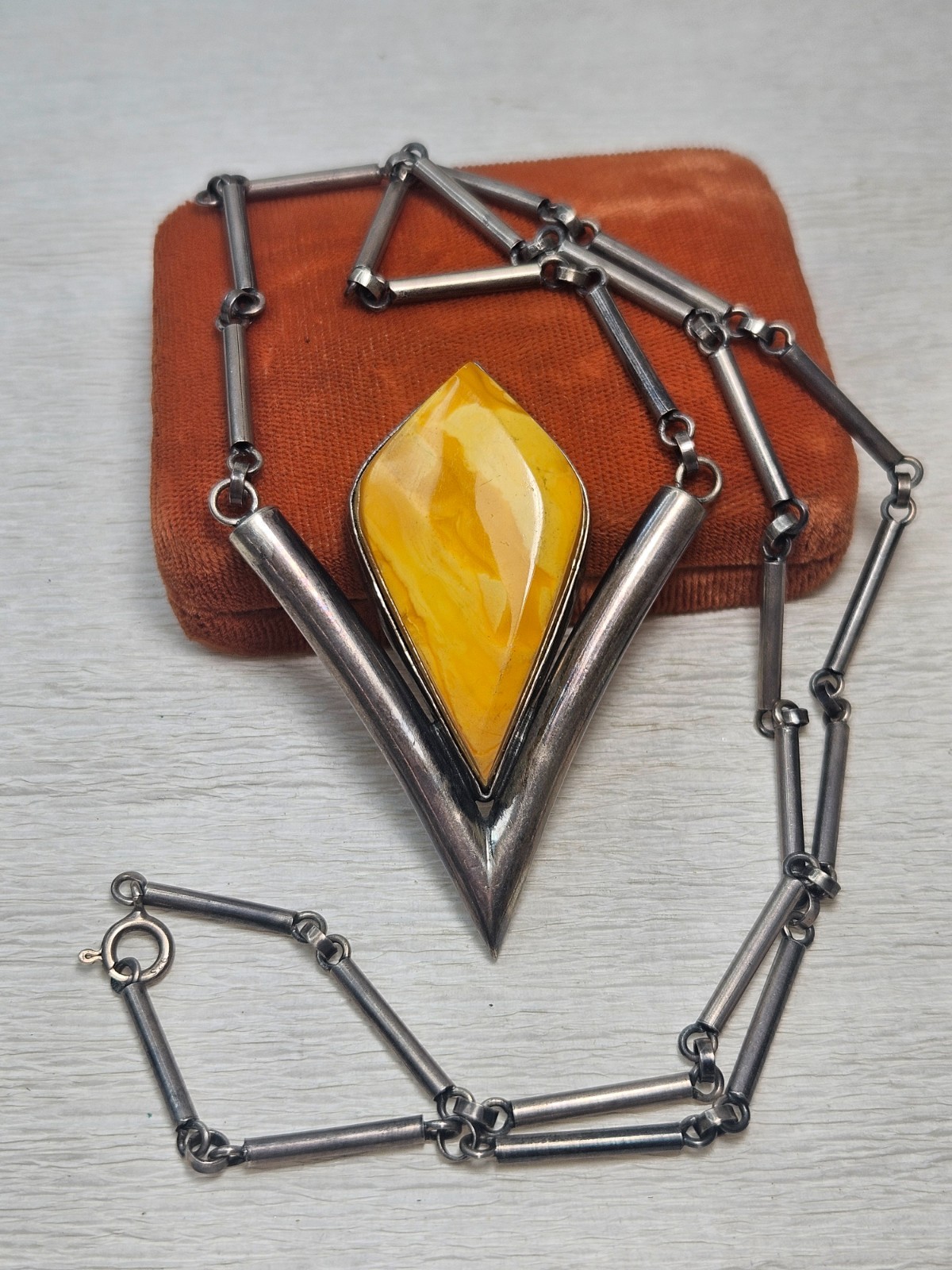 Modernist Egg Yolk Amber Pendant Hand Made Chain Necklace Sterling 29″