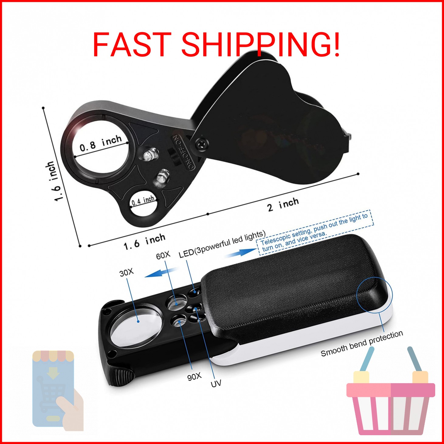 HMKIS Jewelers Loupe, 2 Pack Magnifying Glass with Light, 30X 60X 90X Jewelers L
