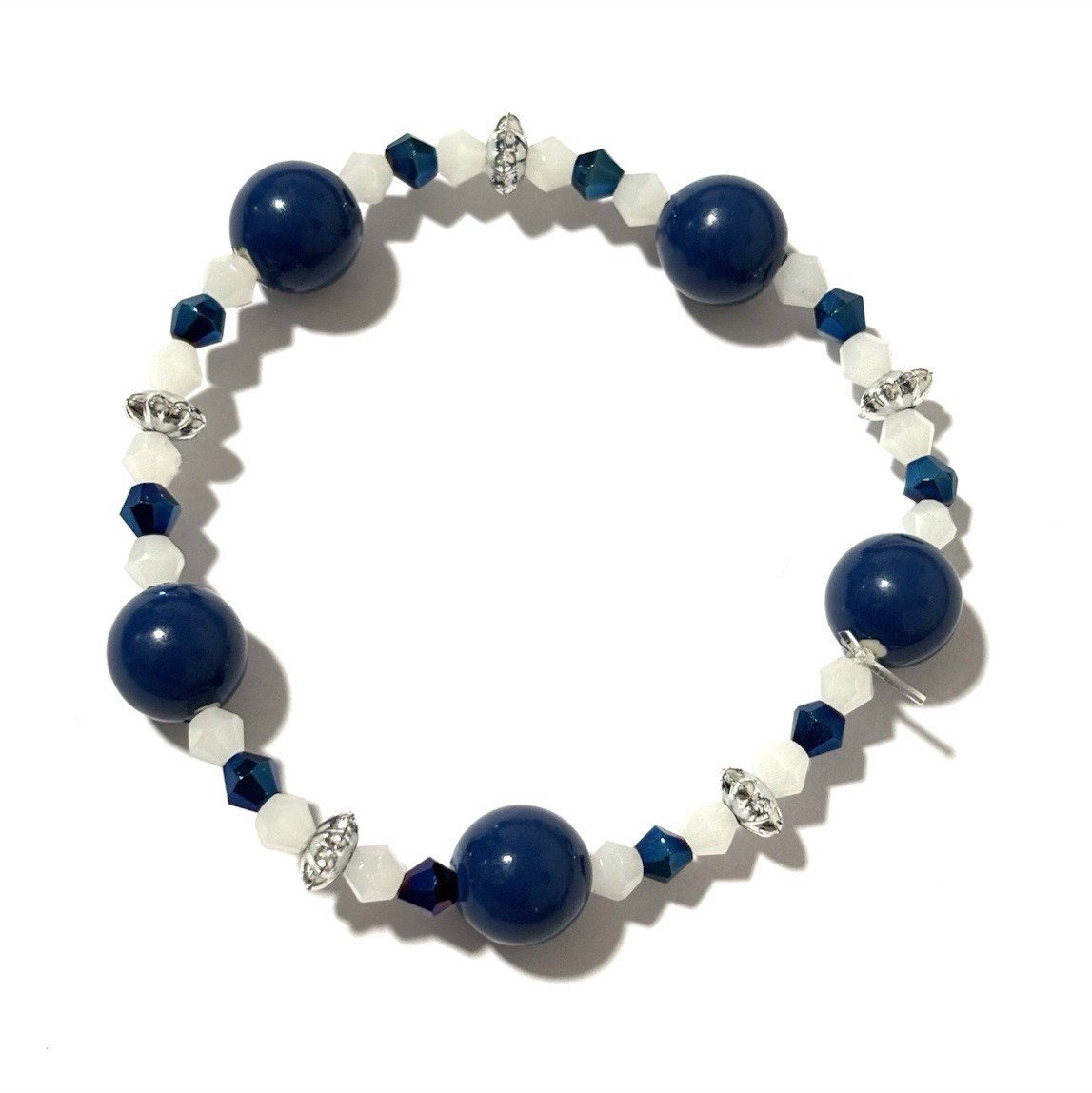 Blue White Silver Round Bead Beaded Stretch Bracelet Sizable 18 cm