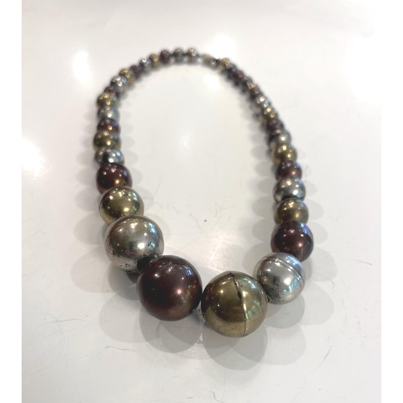 Vintage Mexican Tri Metal Graduated Bead Necklace Copper Brass Alpaca Statement