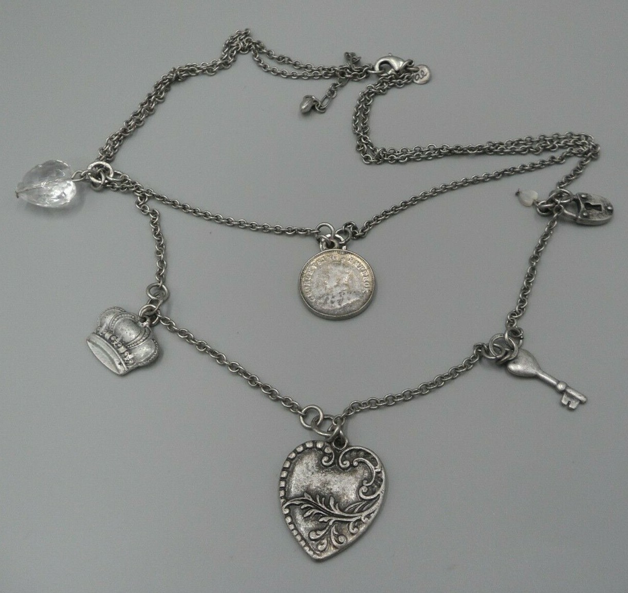 AE Signed Charm Necklace American Eagle Layered Coin Heart Crown Lock Key EUC