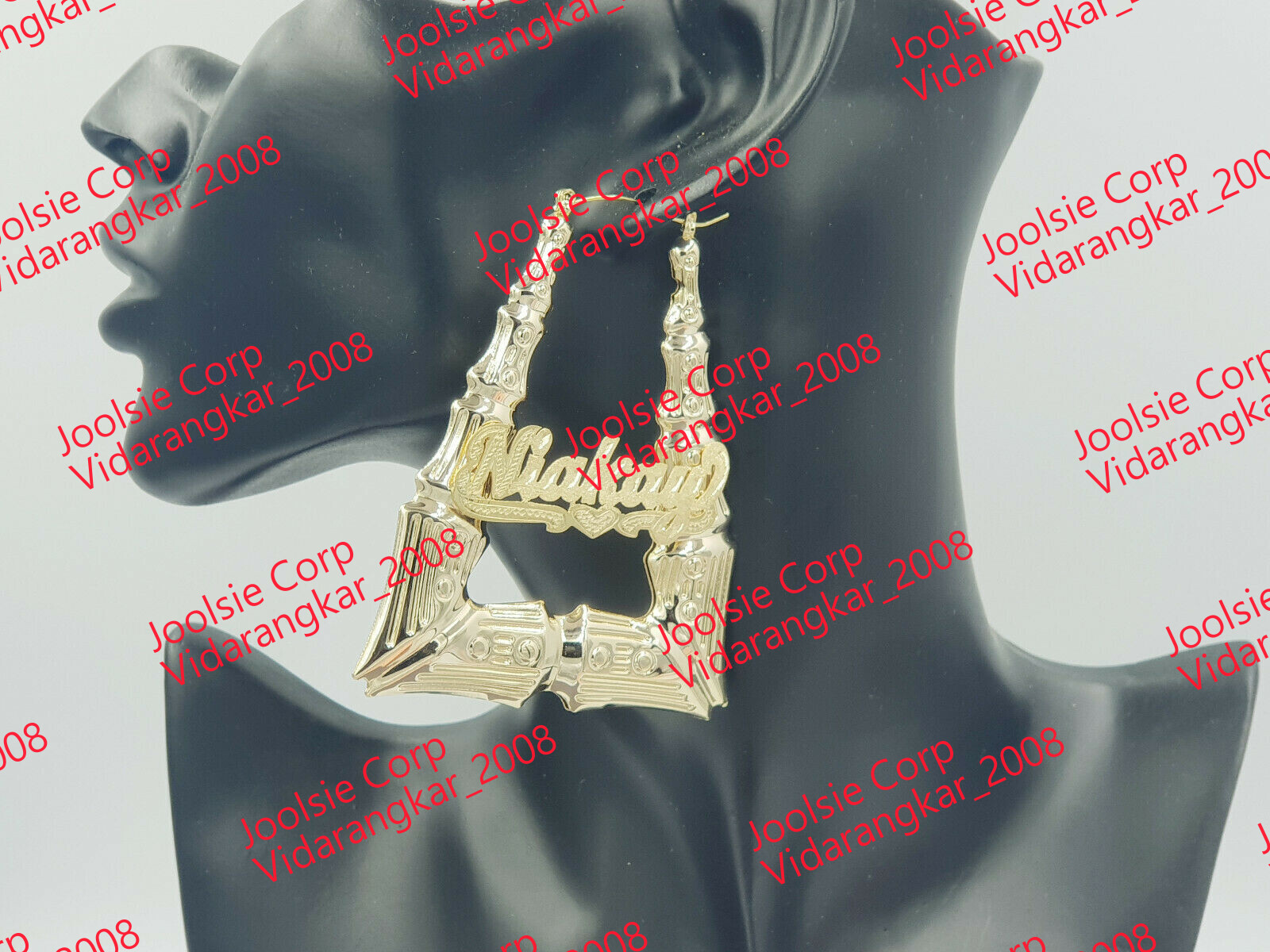 PERSONALIZED 14K GP 3″ (LARGE) TRIANGLE BAMBOO DOOR KNOCKERS ANY NAME EARRINGS