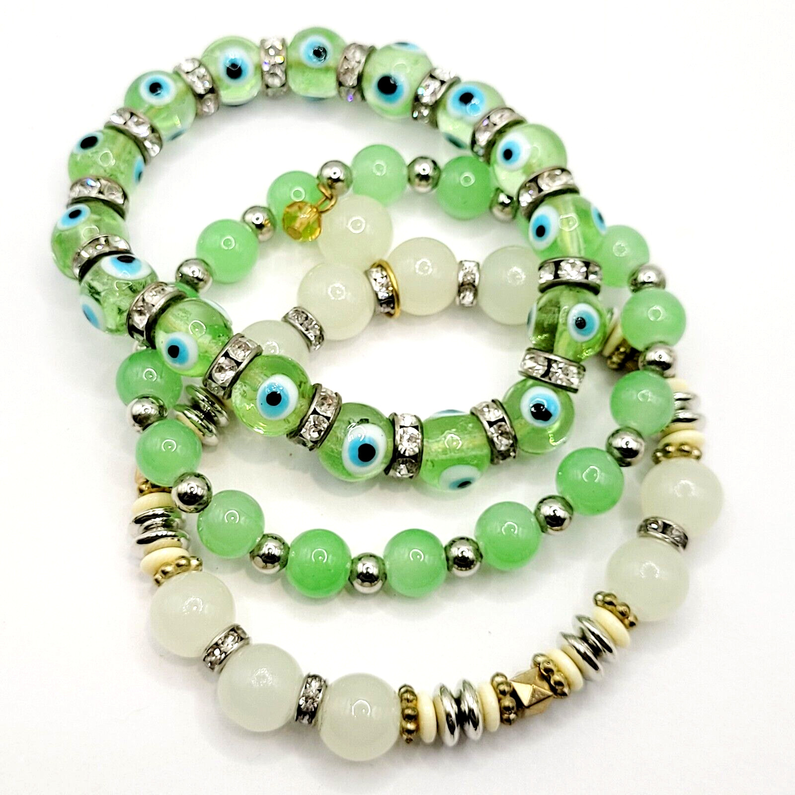 Modern Three Glass Bead w Rhinestone Jade Milky Glass Color Stretch Bracelet Set