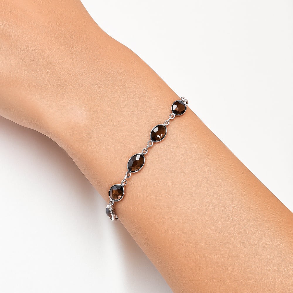 Premium Quality Smoky Quartz Checker Briolette 925 Silver Bracelet B-1001