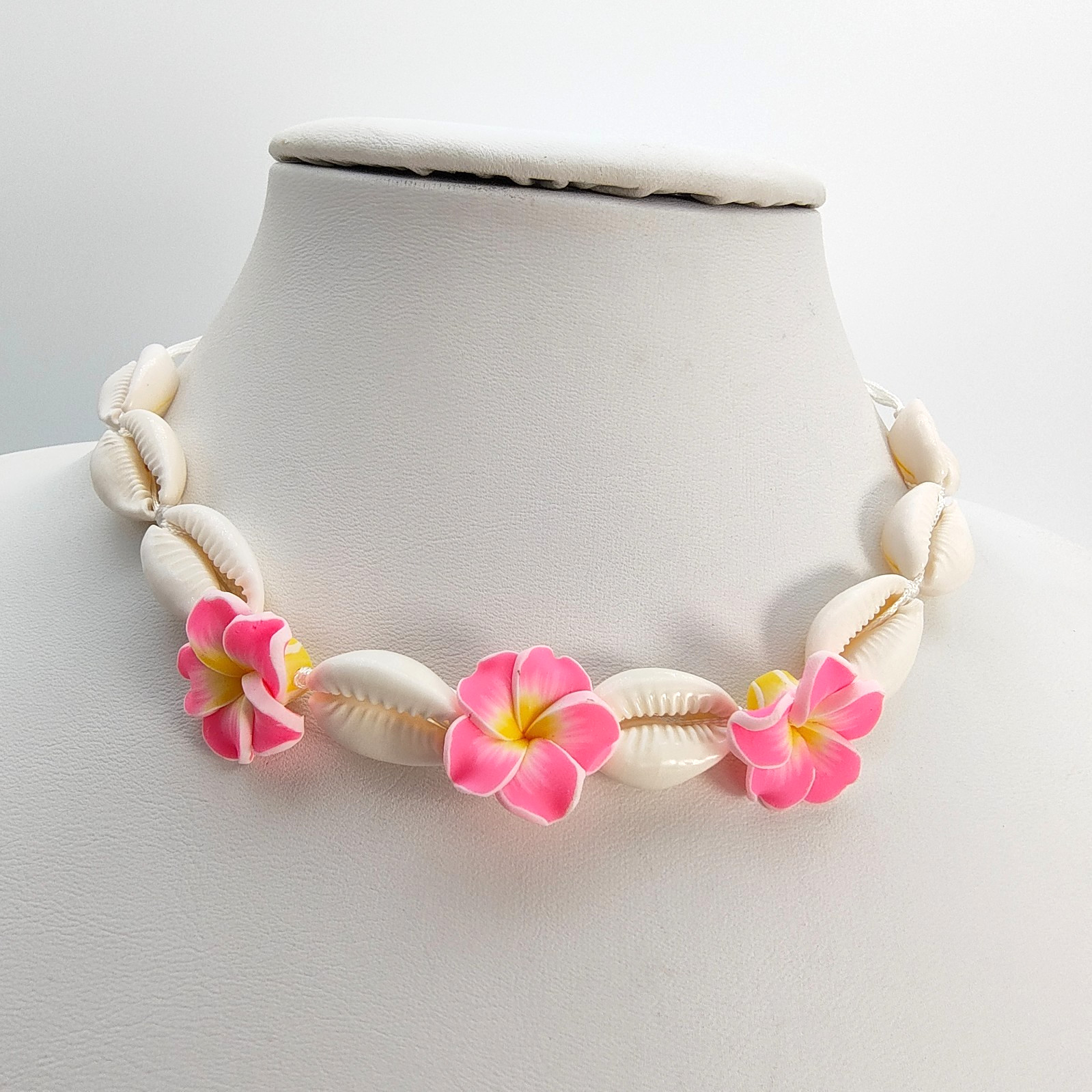 Cowrie Shell Plumeria Pink Flower Choker Necklace Adjustable Hawaiian Beach Boho