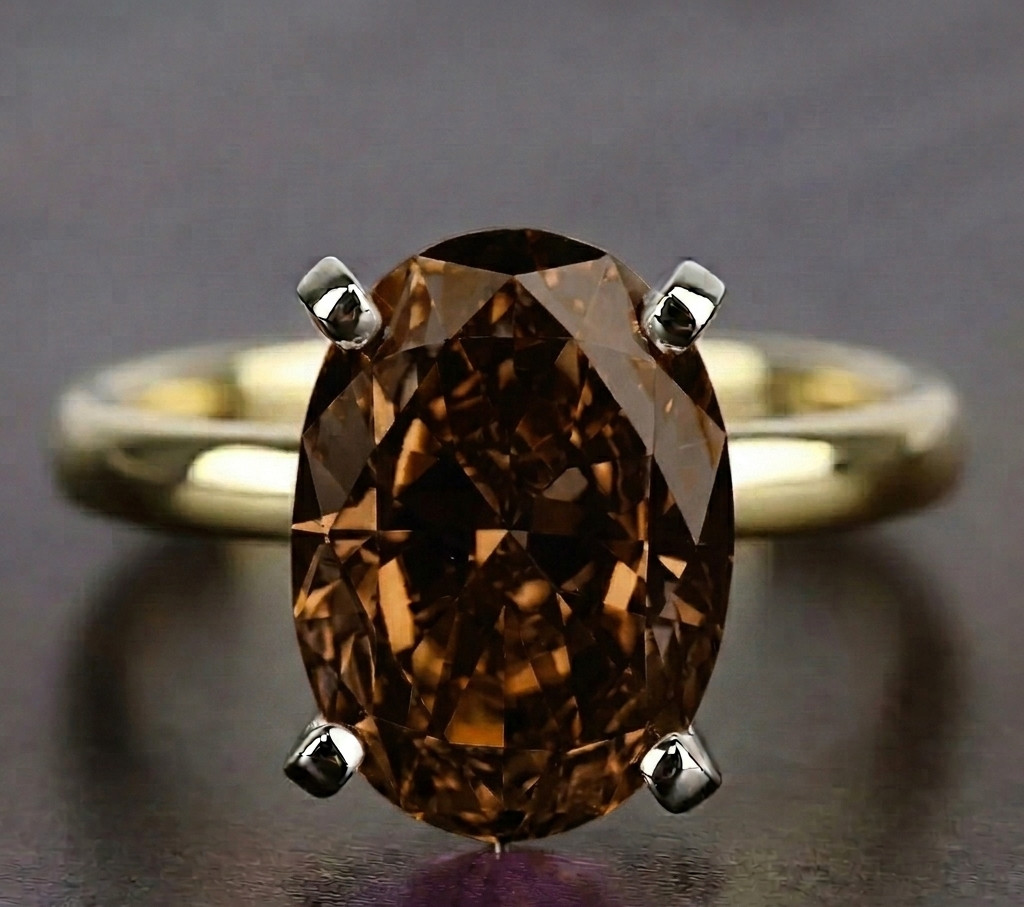 RARE 8.00 Ct Certified Oval Shape Natural Brown Diamond Ring Yellow Gold Finish