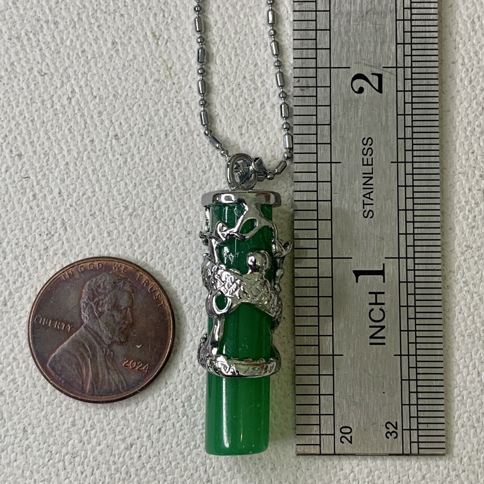 Dragon Coil Green Jade Pillar Men Women Column Pendant Chain Necklace 18KWGP 16″