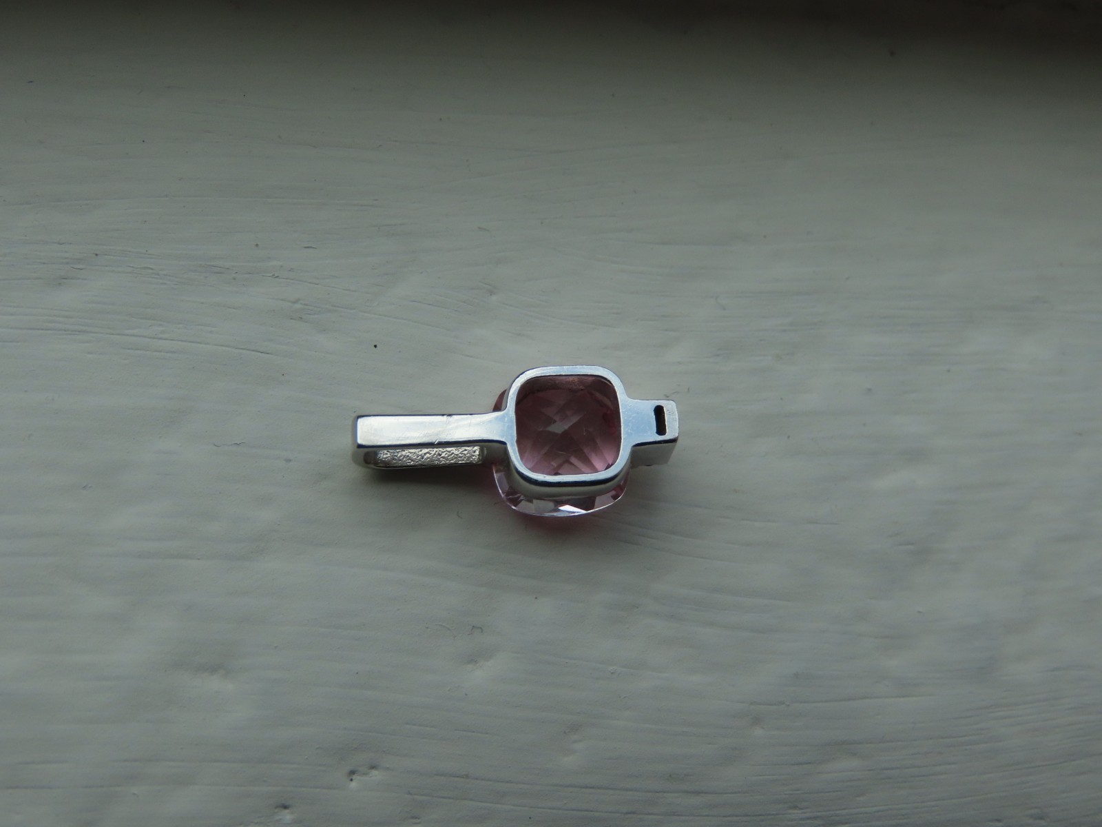 14K White Gold Cushion Cut Pink Topaz with .02 Diamonds Pendant