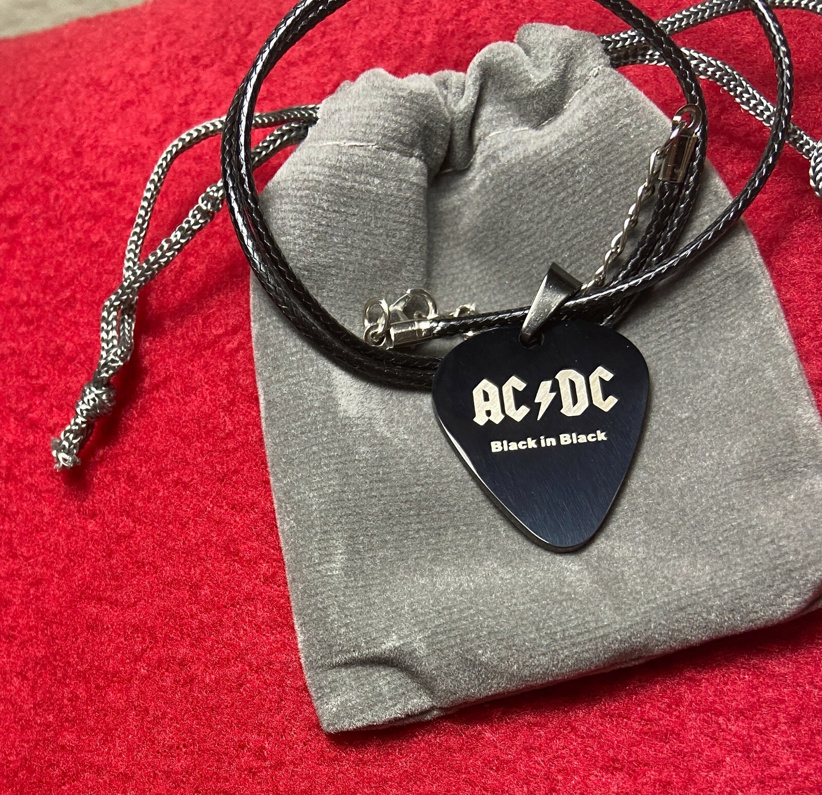 [NEW] ACDC Guitar Pick Necklace Black Stainless Steel Rock Band Jewelry w/ Pouch