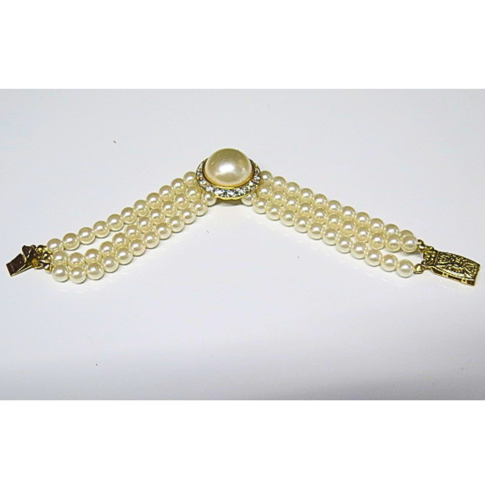 Vintage 4 Strand Faux Pearl Bracelet Rhinestone Gold Tone Estate 7.5″ Bridal