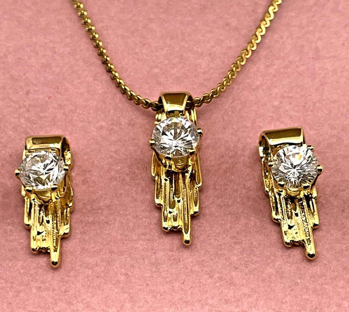Vintage Art Deco Crystal Waterfall Fringed Gold Tone Jewelry Set
