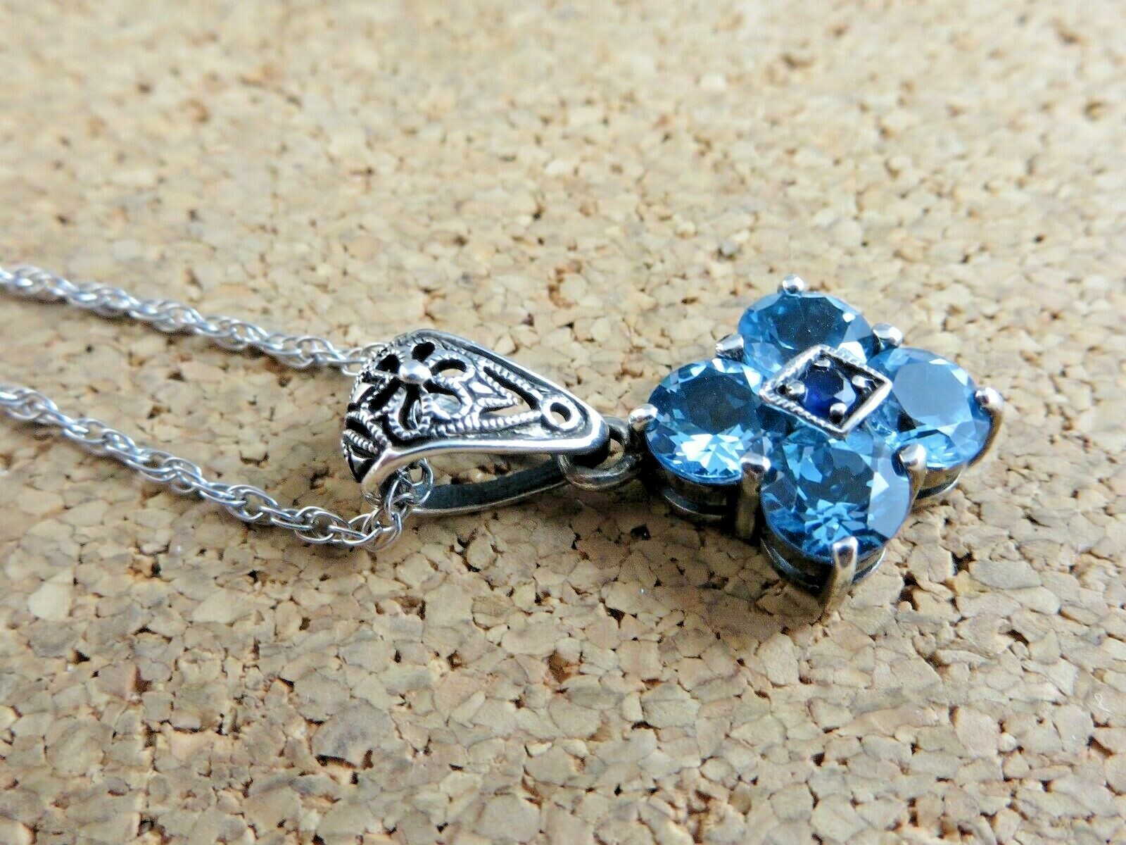 Blue Topaz & Sapphire Filigree Pendant 18″ Sterling Silver Chain Necklace #741