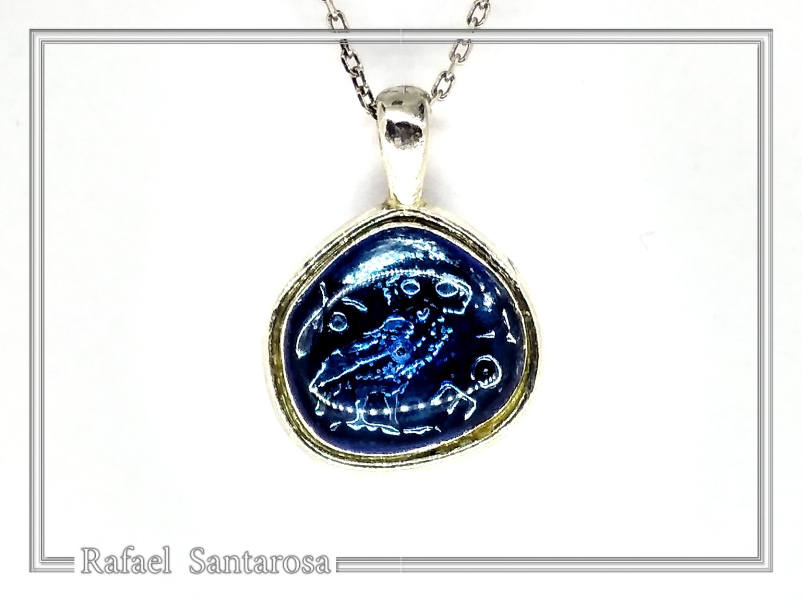 Athena Owl coin pendant blue enamel oxidized silver ancient Greek museum replica