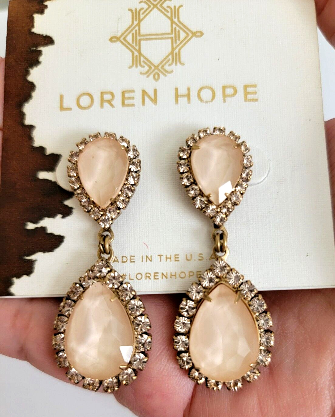 LOREN HOPE Abba Pink Peachy Rhinestones Teardrop Dangle Drop Pierced Earrings 2″
