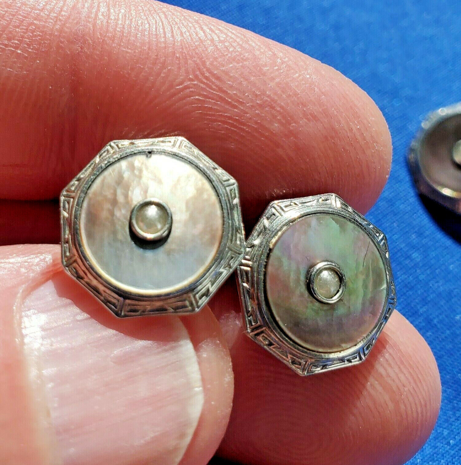 Original VINTAGE KREMENTZ ART DECO ENGRAVED PEARL CUFF LINKS OCTAGON DESIGN