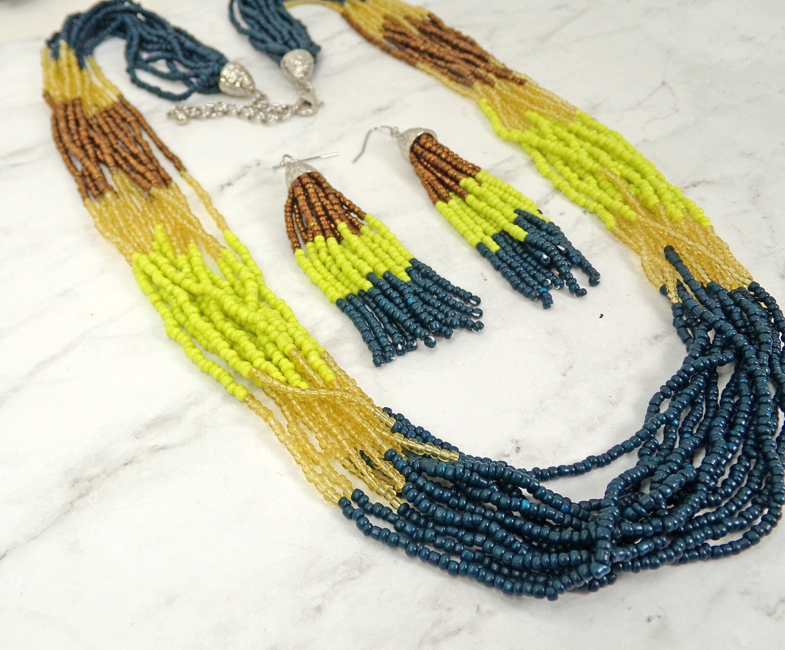 Multi color seed bead necklace and earring set in brown, yellow, blue, beige NEW