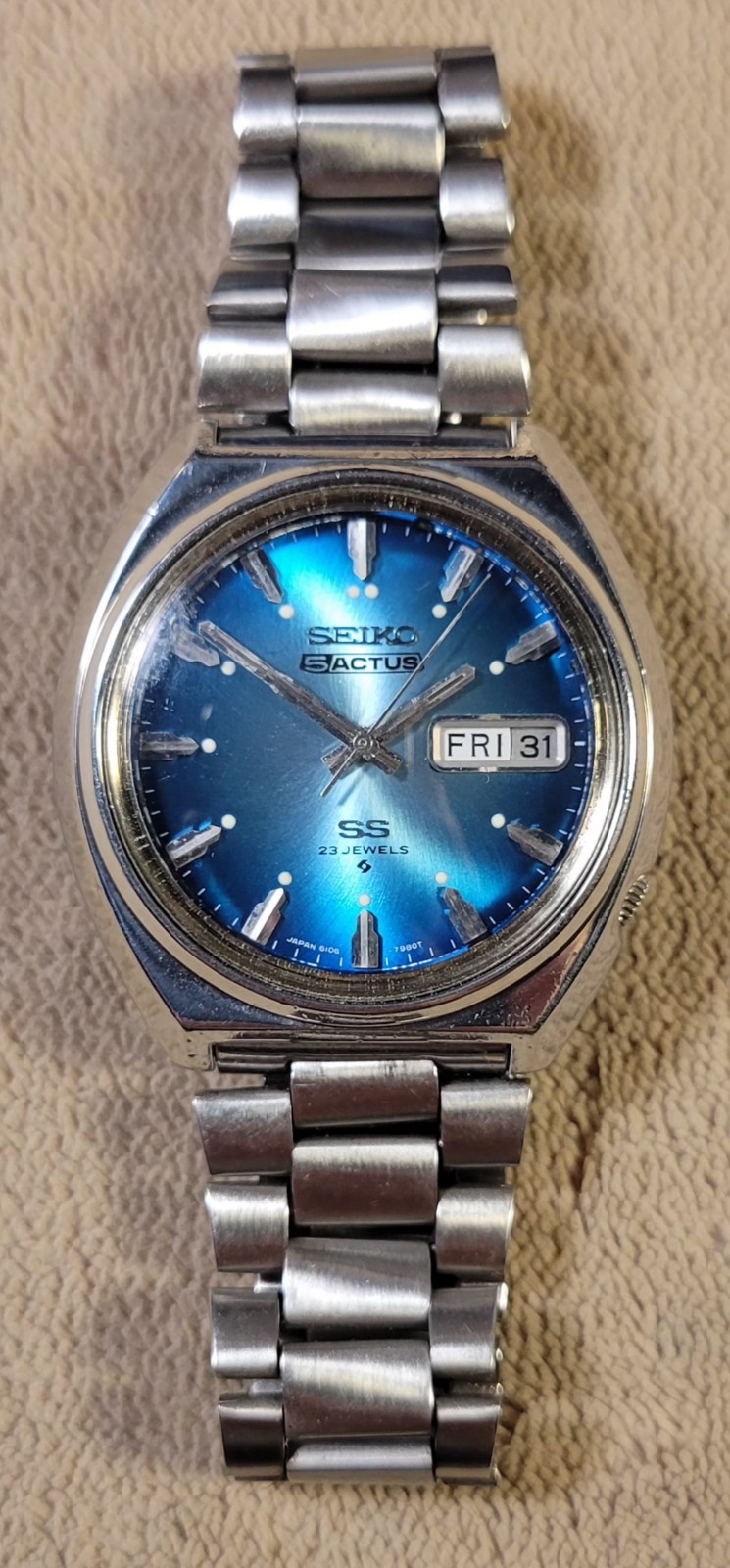Vtg 70s Seiko 5 Actus 38mm Automatic Men’s Watch Blue Dial SS Daydate 6106-7700