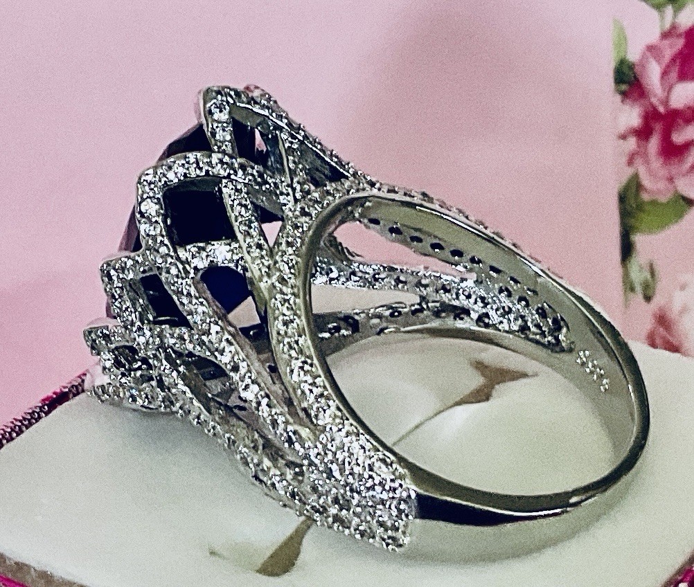 BLUE SAPPHIRE RING – 18X13mm Or 14.2ctw – TOTALLY ENCRUSTED .925 SS SETTING !!!