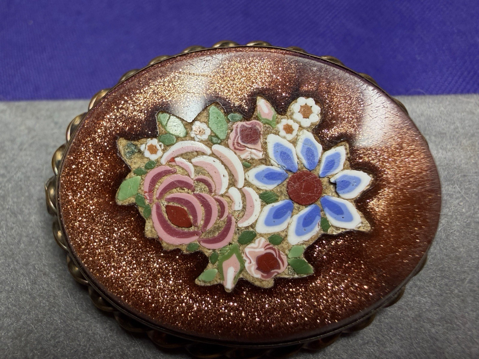 Vintage Italian Pietra Dura Micro Mosaic Floral Brooch Pin Goldstone Setting