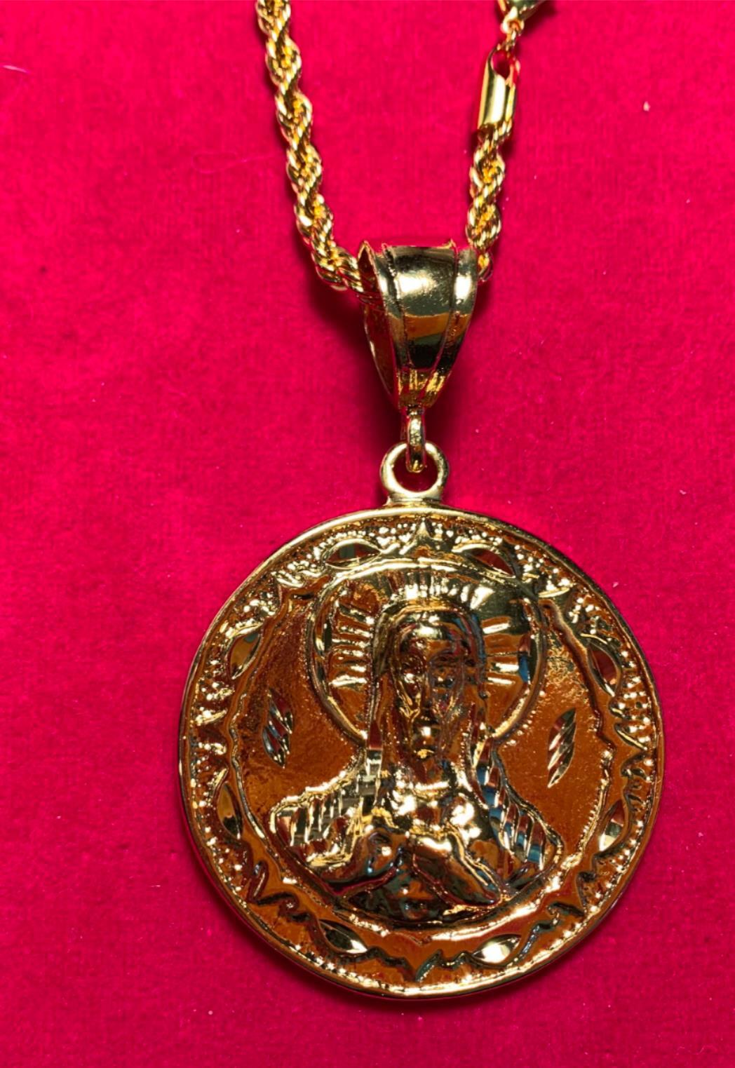 14KT GOLD PLATED LARGE 2 SIDED JESUS/VIRGIN MARY MEDALLION &18″ 4mm ROPE -4802