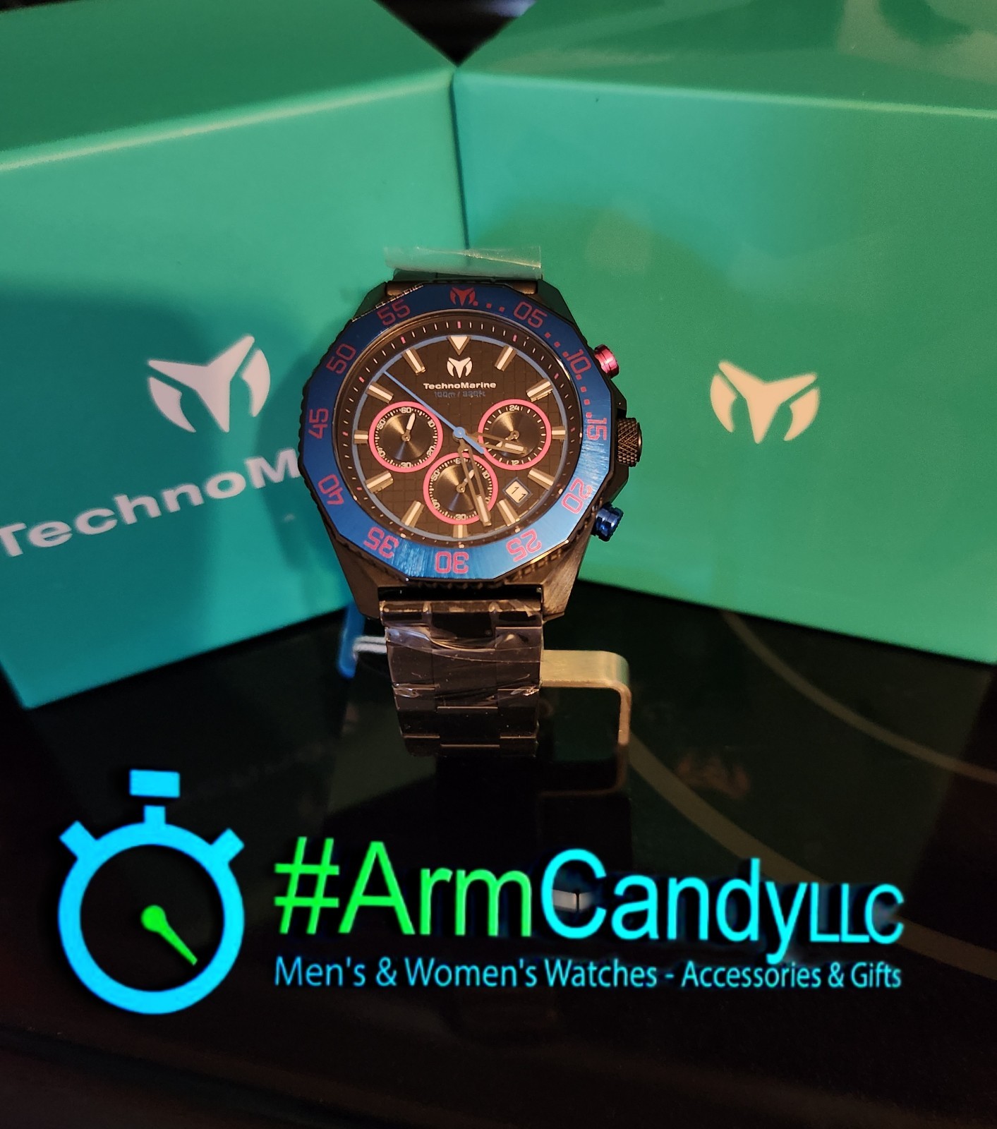 RARE! 44mm Mens TechnoMarine LEGENDS Watch Black-Blue-Pink Chronograph ONE LEFT!