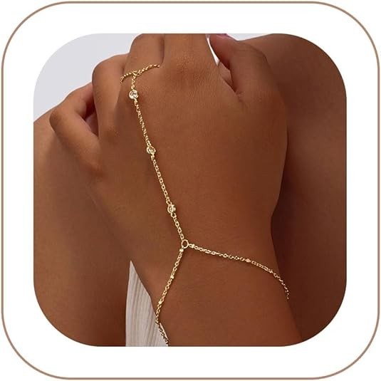 Hand Chain Bracelet for Women: Dainty 14k Gold Silver Plated Ring Chain…