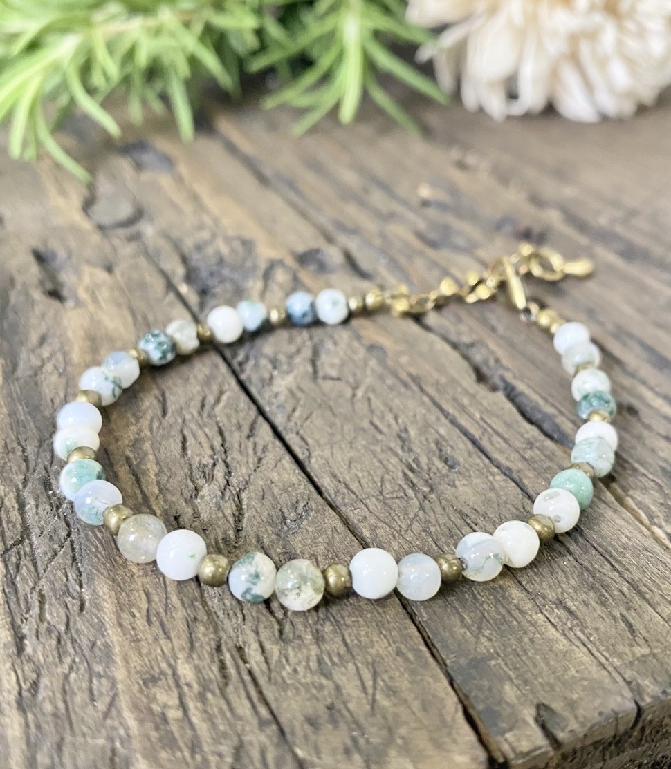Tiny Green and White Beaded Bracelet on Bronze Chain, Green Tree Agate Gemstone