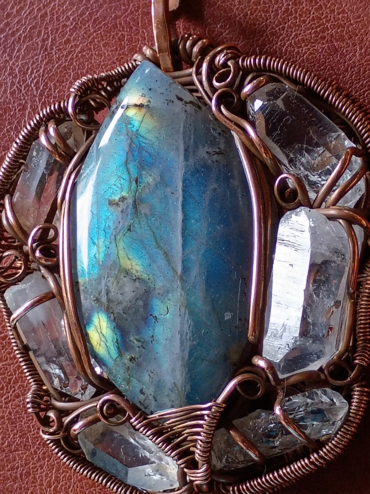 Labradorite Surrounded In Quartz Crystals Wirewrap Pendant Copper Statement