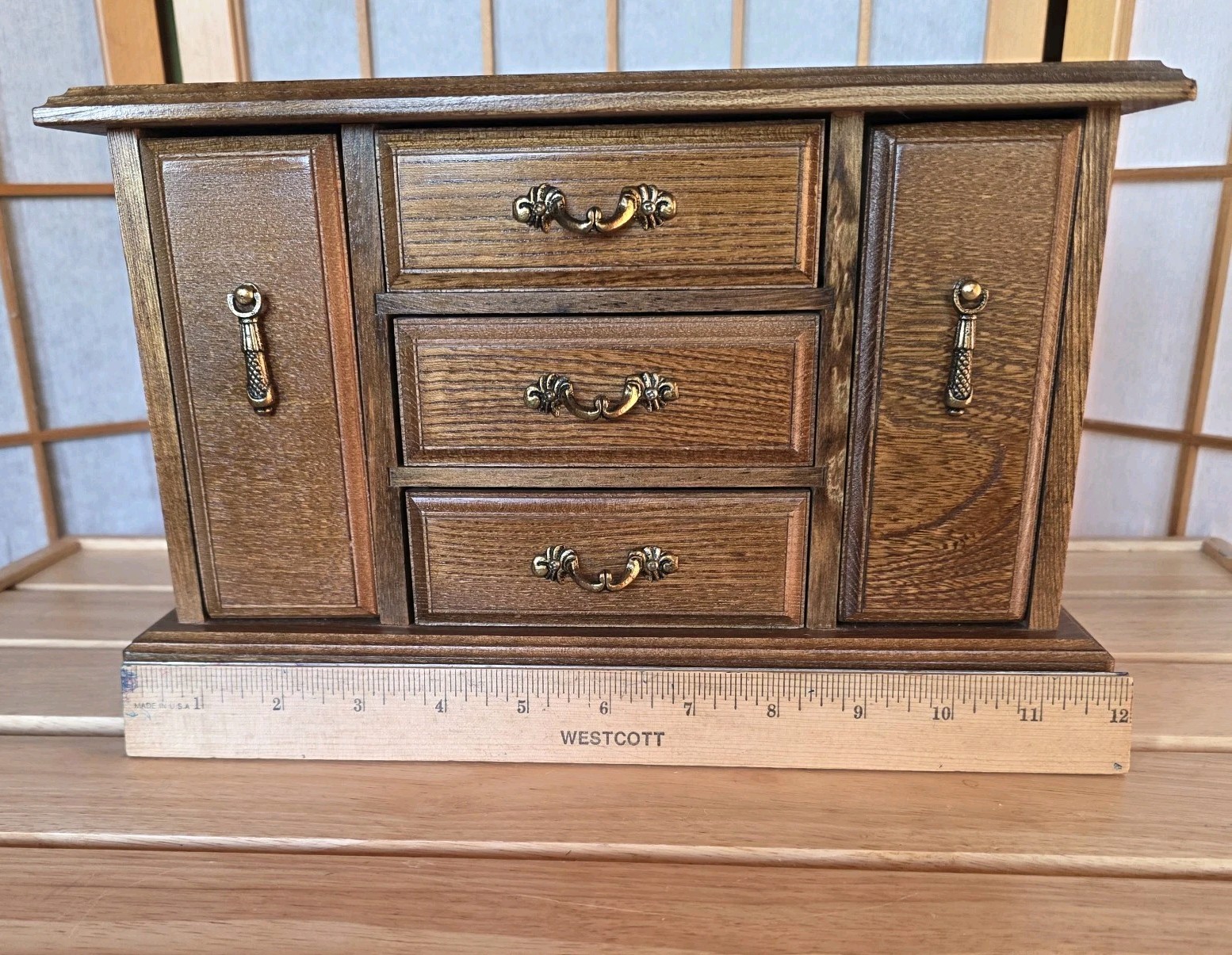 70-80s Wooden Credenza Jewelry Box Chest Armoire Side Wings Country Charm