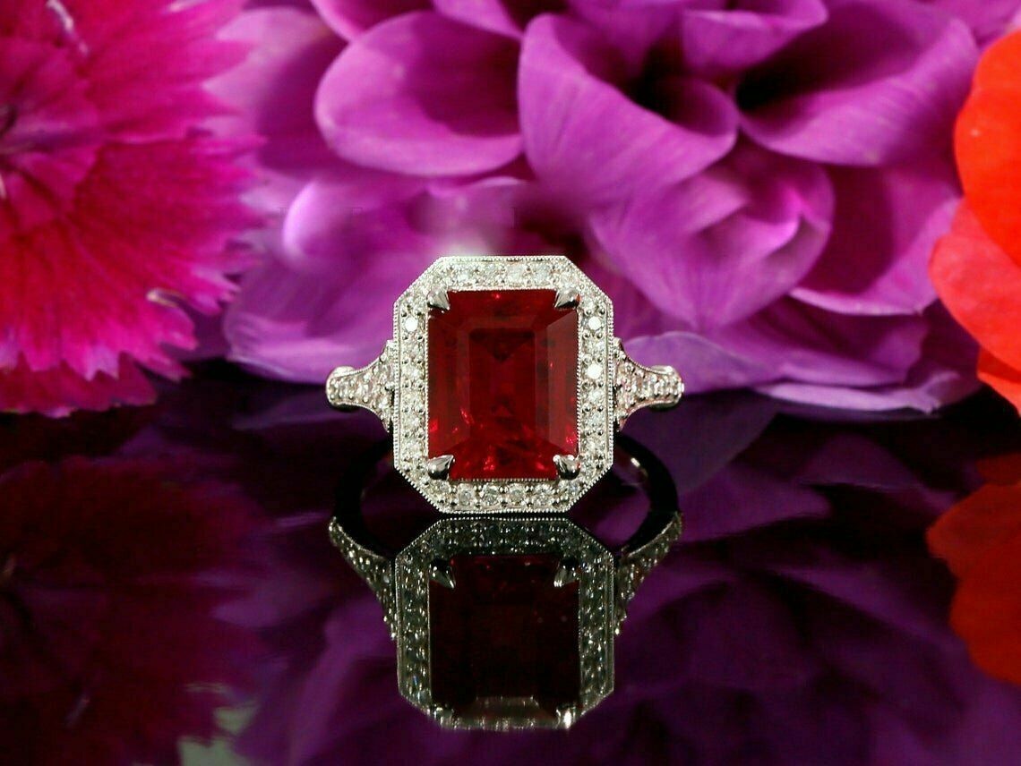 2.92 Ct Emerald Cut Natural Ruby & Diamond Anniversary Ring 14K WhiteGold Size 7