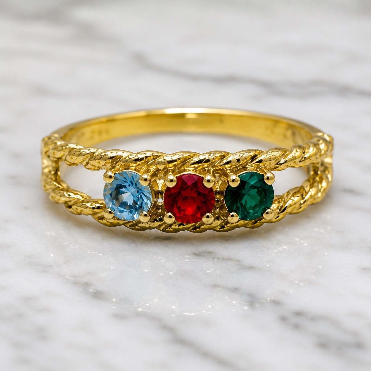 Vintage Gold Plated Sample Ring 3 Stone Blue Red Green CZ Size 7 Twisted Band