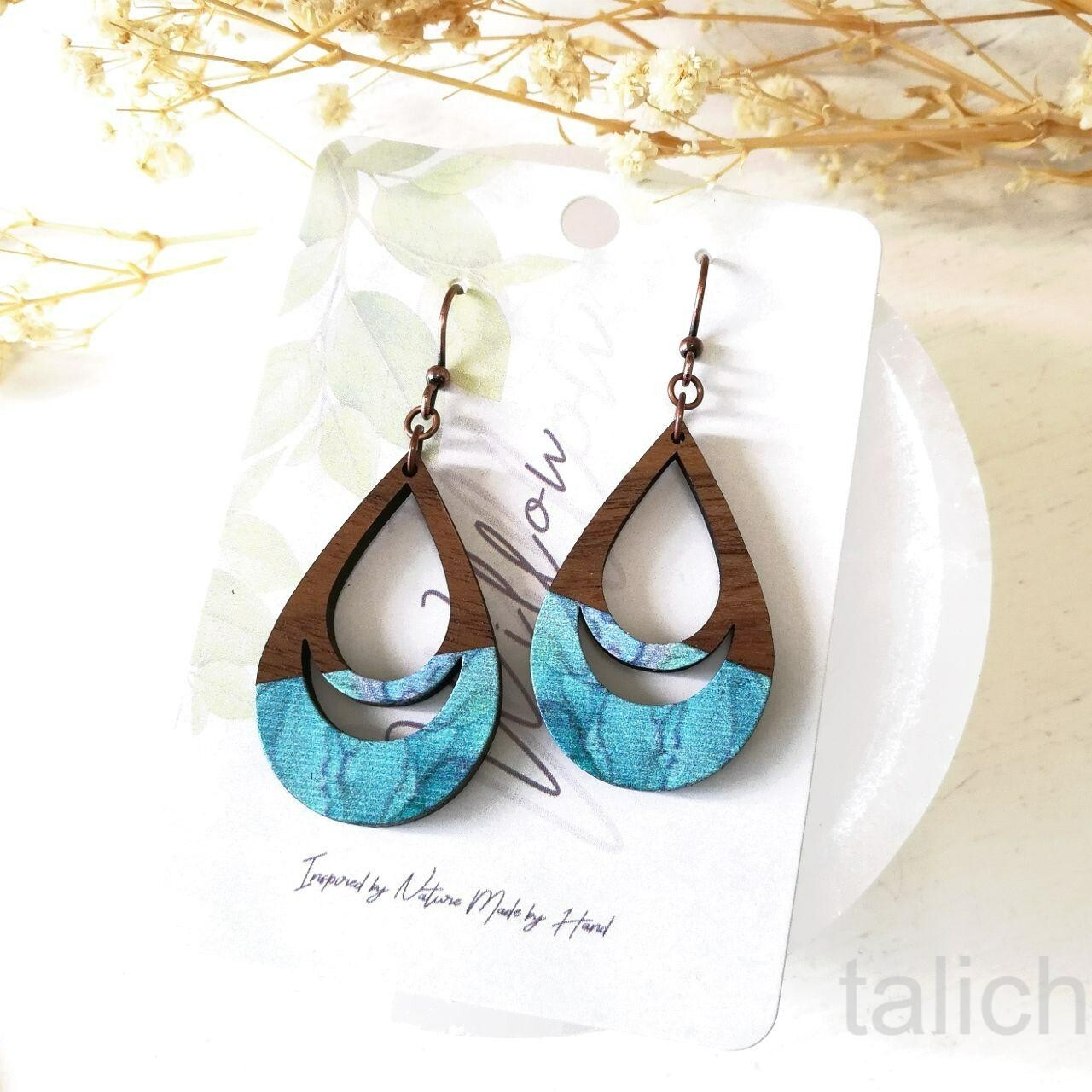 DC Designs Cutout Walnut Wood Teardrop Earrings with Aqua Blue Art Print D39W