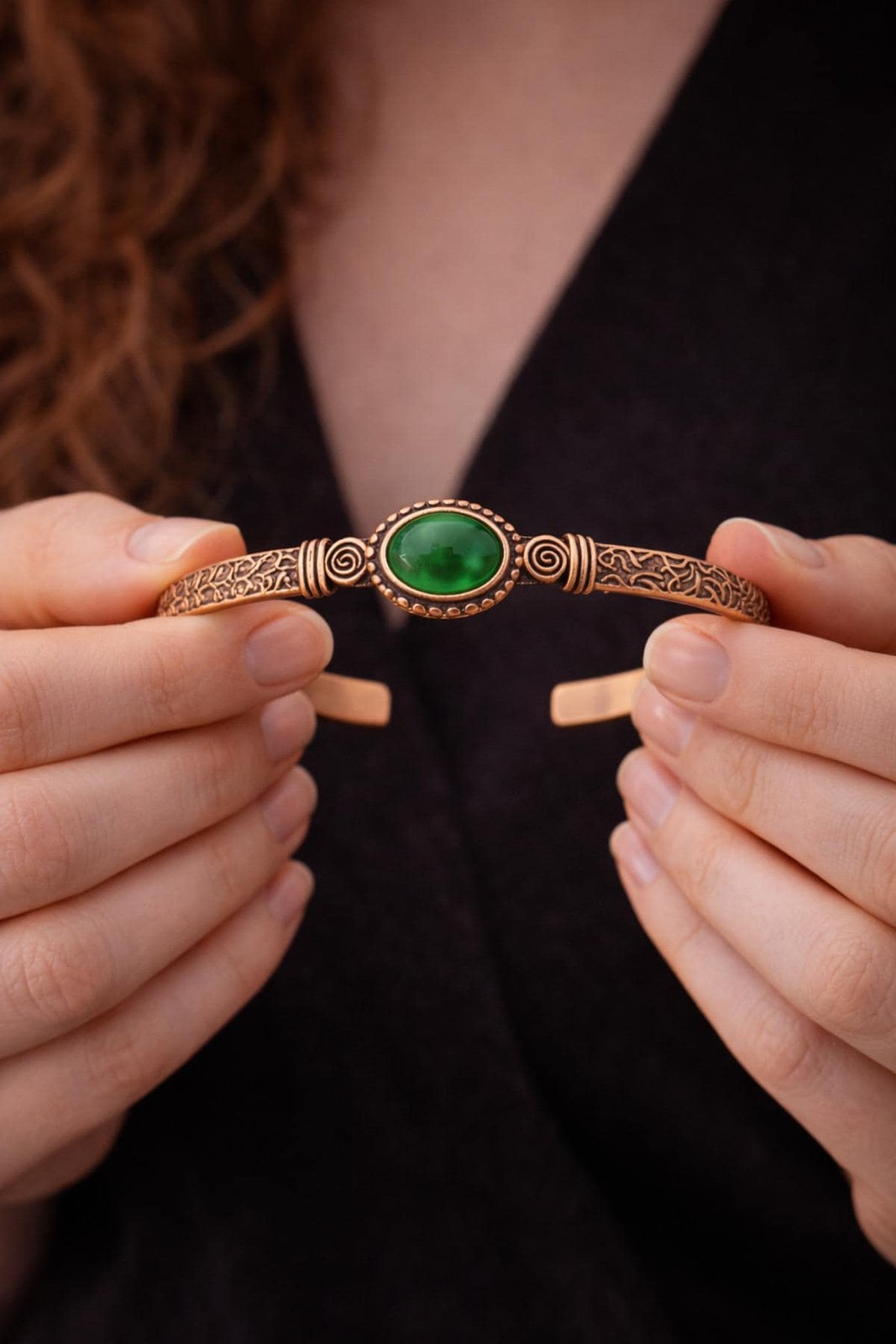 Women’s Copper Bracelet Natural Green Agate Cylinder Model Pure Copper Bangle