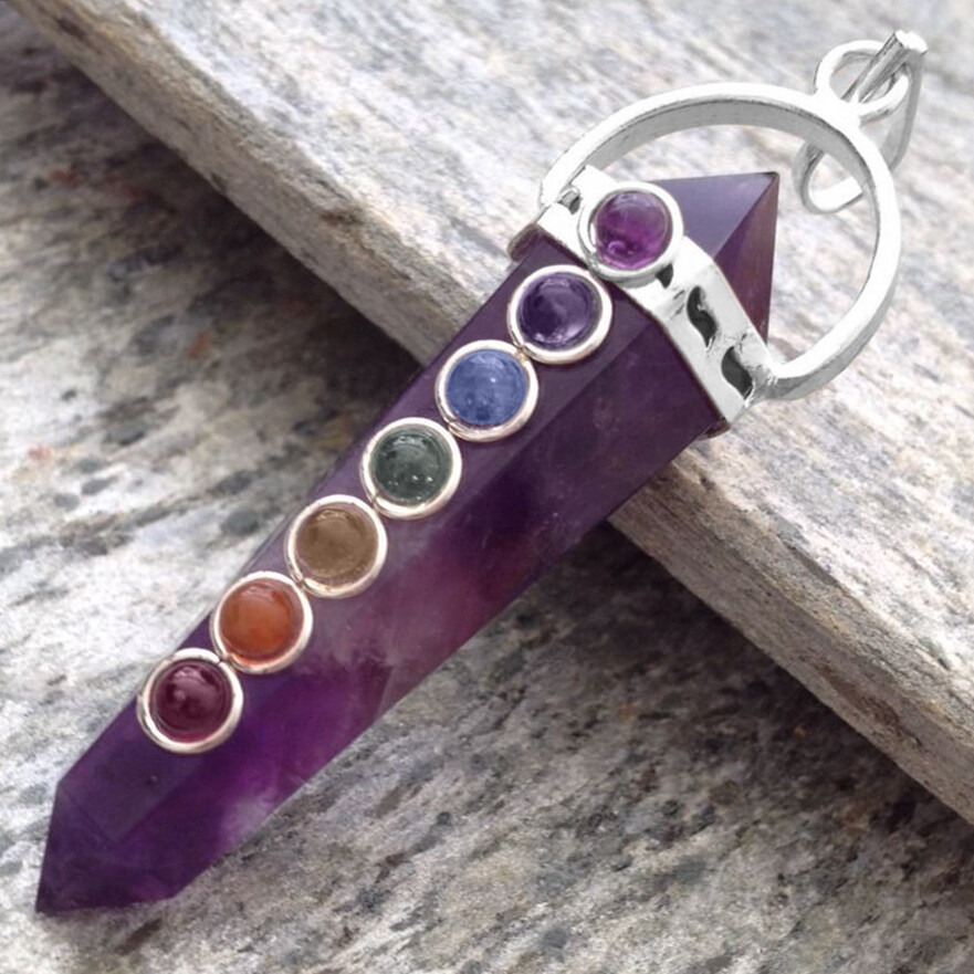 Double Terminated Purple Amethyst 7 Chakra Crystal Pendant .925 Silver Necklace
