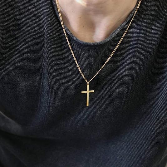 Collar de cruz chapado en oro de 14 quilates para hombre, cadena Figaro de acero